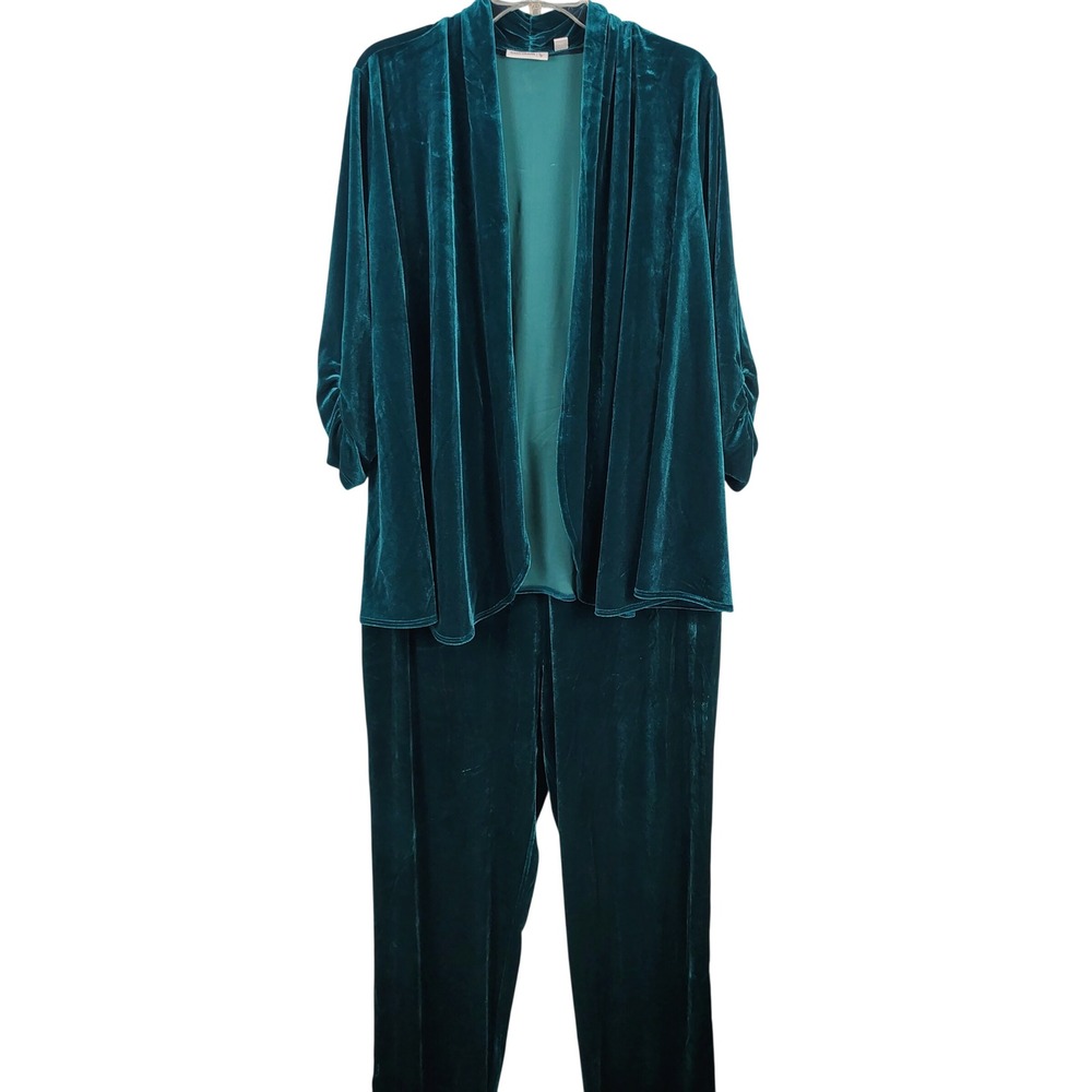 Susan Graver Women 1X 3pc Velvet Cardigan Pant Teal green Blue Holiday Luxe Core